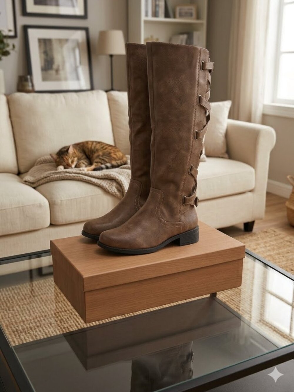 Womens Lace Up Knee High Boots Brown Flat Riding Combat Moto Zip Calf Strappy
